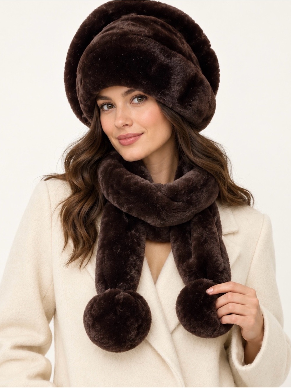 Vintage Brown Faux Fur Cloche Hat & Pom Pom Scarf Set 100% Acrylic Korea